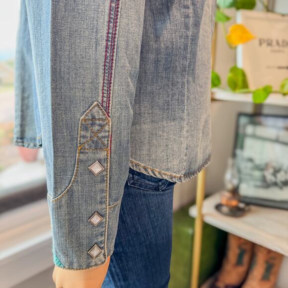 Double D Ranch, Embroidered Denim Shirt Jacket Snap Buttons, Studs, Beads-Large - Picture 9 of 14
